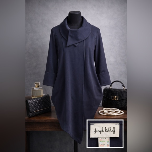 Joseph Ribkoff Jacket Women’s 2 Navy Ponte Knit Cocoon Drape Collar Avant Garde - Picture 2 of 16